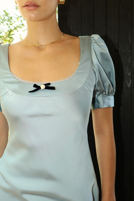 “lorena” blue satin dress