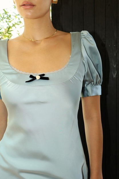 “lorena” blue satin dress