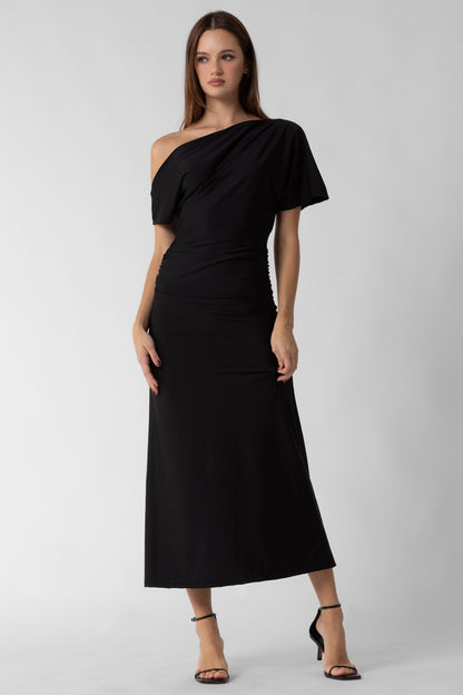 “laisa” unbalanced shirred black dress