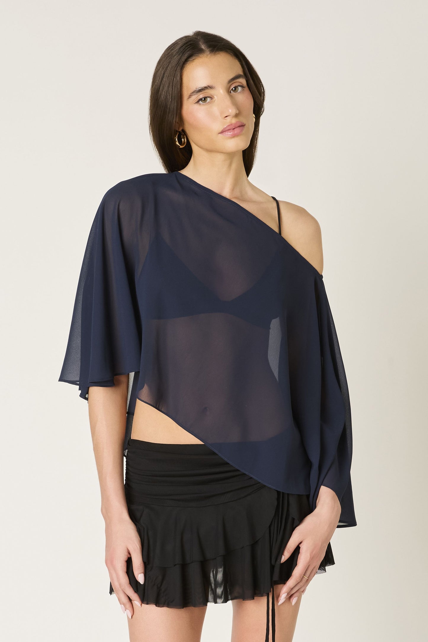 “natalia” navy sheer cape top