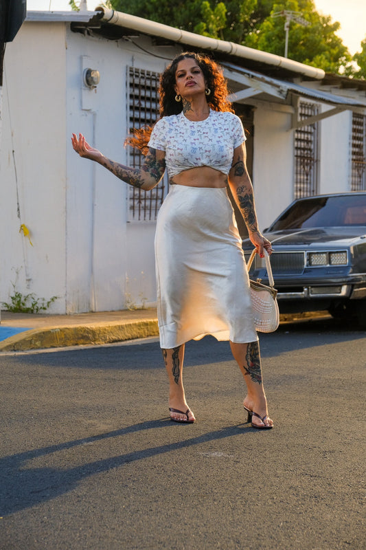 “liza” midi satin skirt